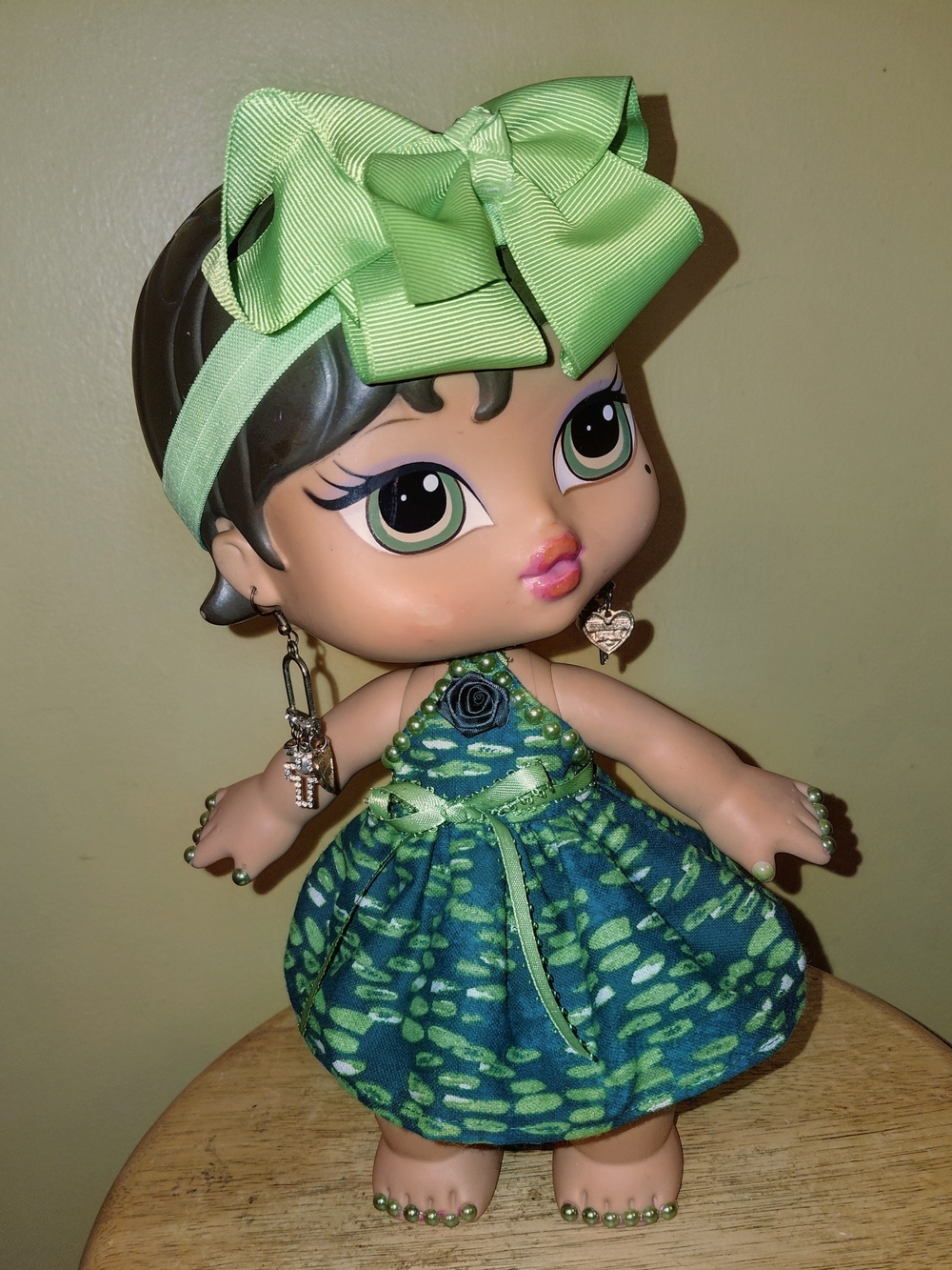 NEW HANDMADE SUNDRESS Green Patterned FOR BRATZ BIG BABYZ DOLL 12"